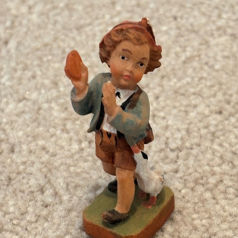 Anri Hand Carved Vintage Hand-Painted Wood Boy Figurine With Goose Italy 4”